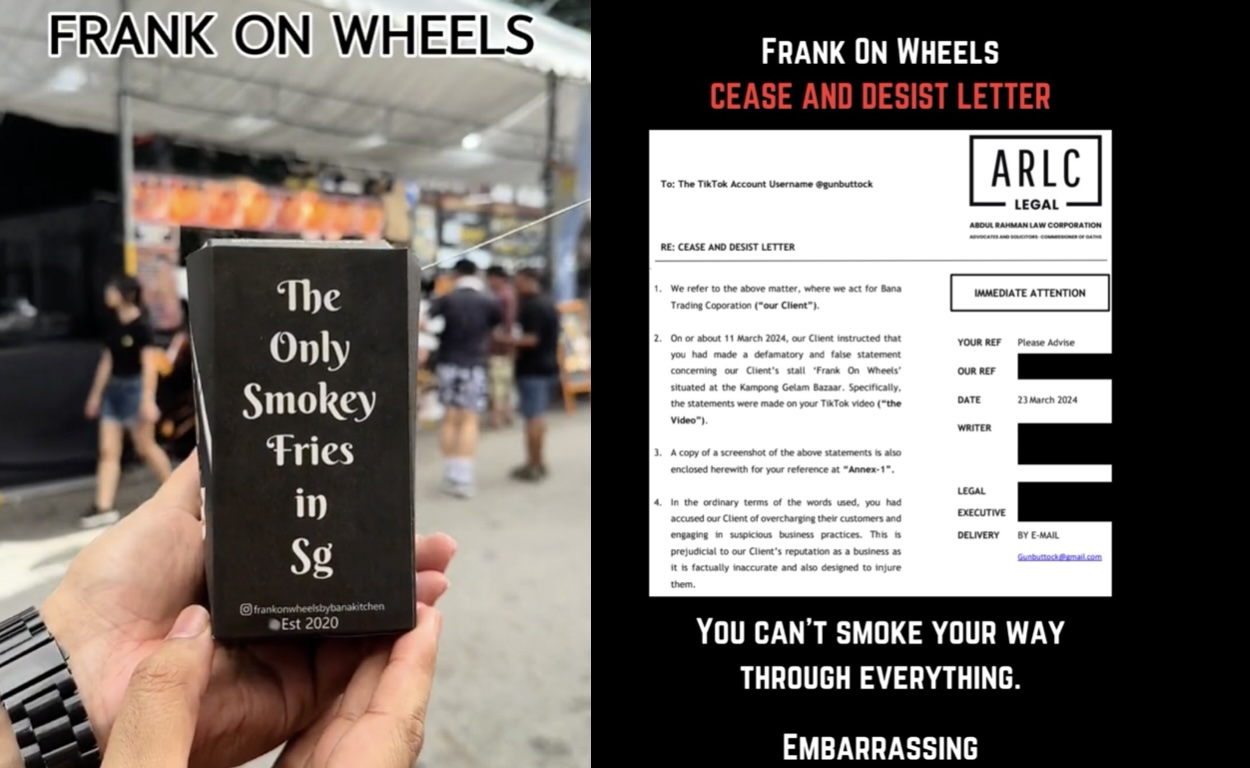 TikToker served with 'cease and desist' legal order letter for posting ‘brutally honest review’ of food stall